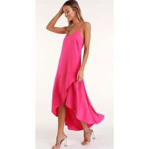 LULU’S | NWT Sweet Surprise Bright Pink High-Low Maxi Dress, Size Small